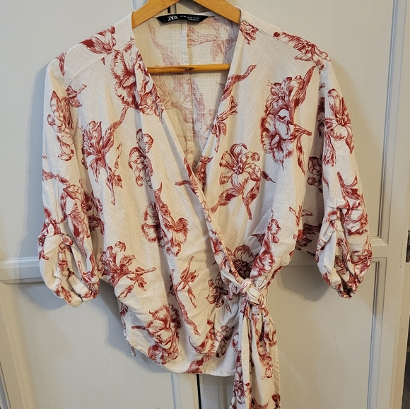 Zara floral linen blend wrap top -Size xs - Picture 4 of 12